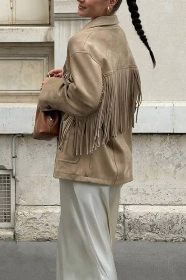 Retro-style coat with lapel and fringed suede