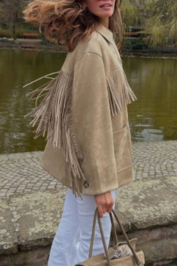 Retro-style coat with lapel and fringed suede