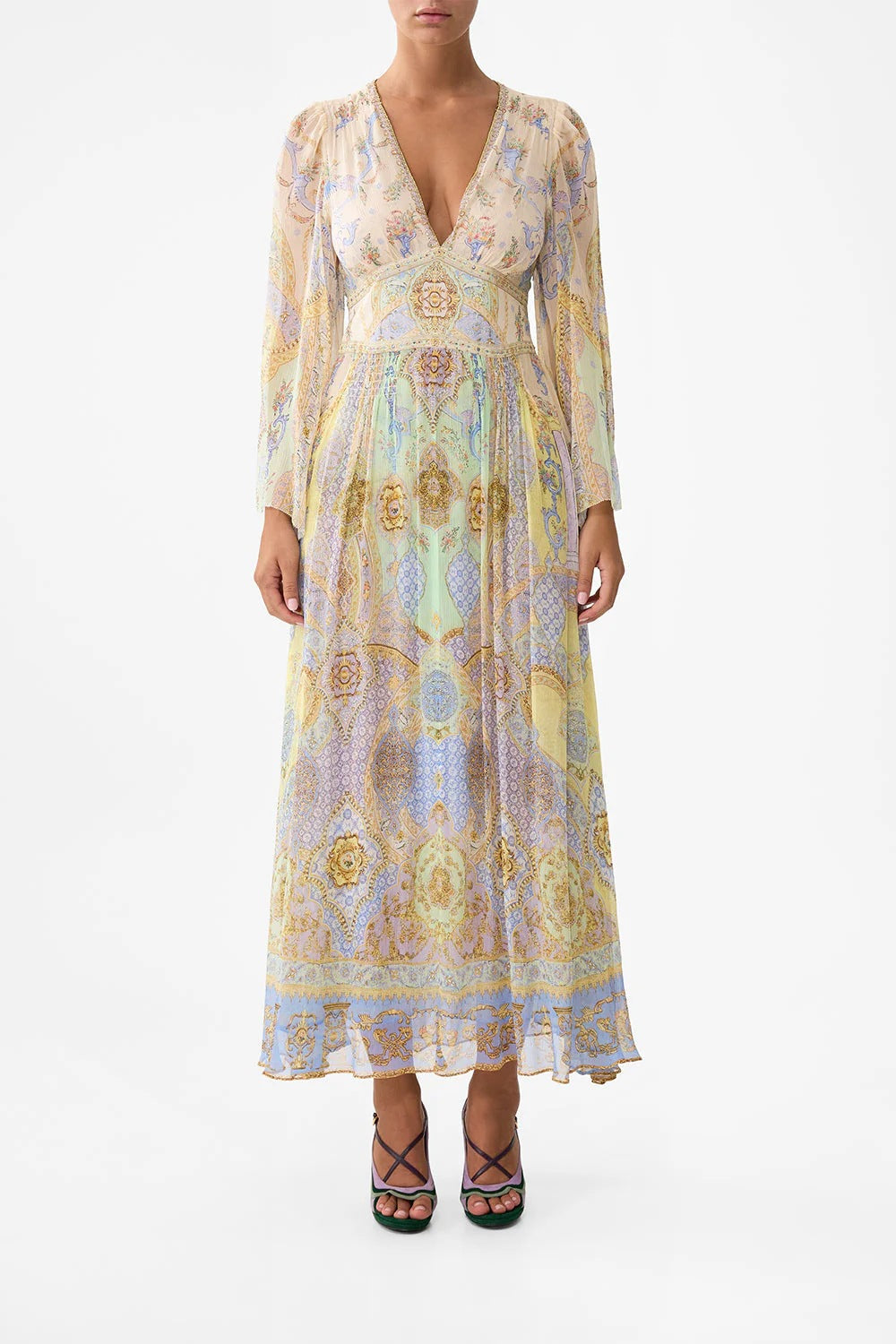 Art Print V-Neck Waisted Palace Style Maxi Dress