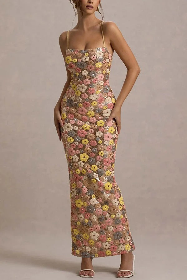80's Inspired Floral Print Sequin Square Neck Slip Stretch Maxi Dress