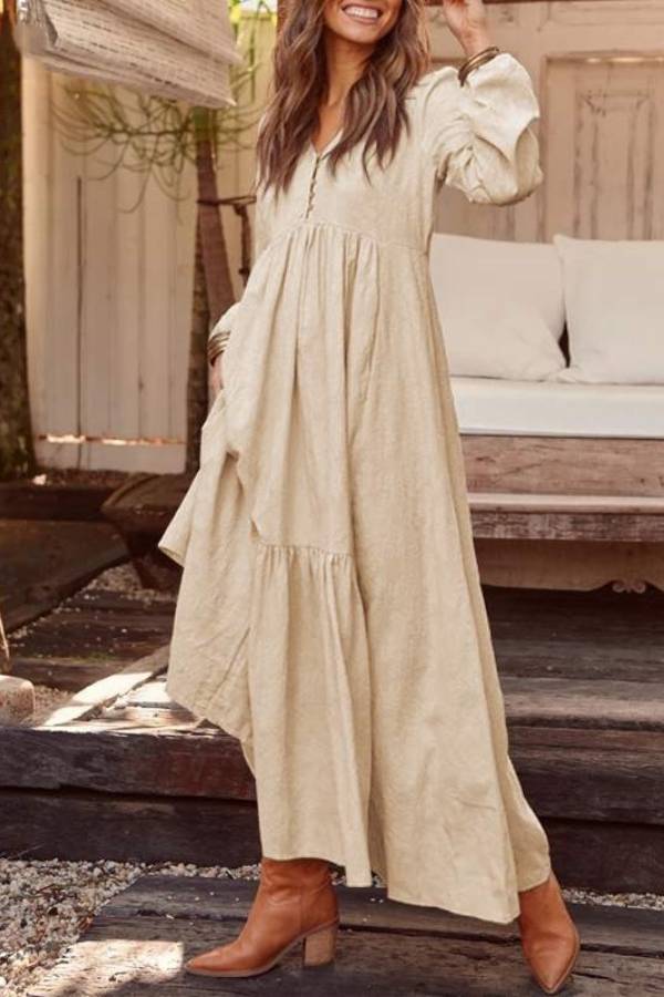 V-neck long-sleeved loose-fitting long skirt