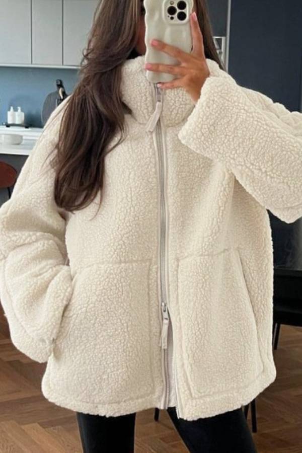 Stand-up collar zip-up lamb wool oversized coat