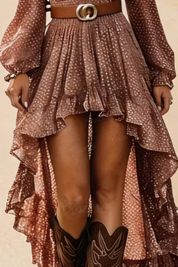 Bohemian polka dot V-neck dress with high and low hem