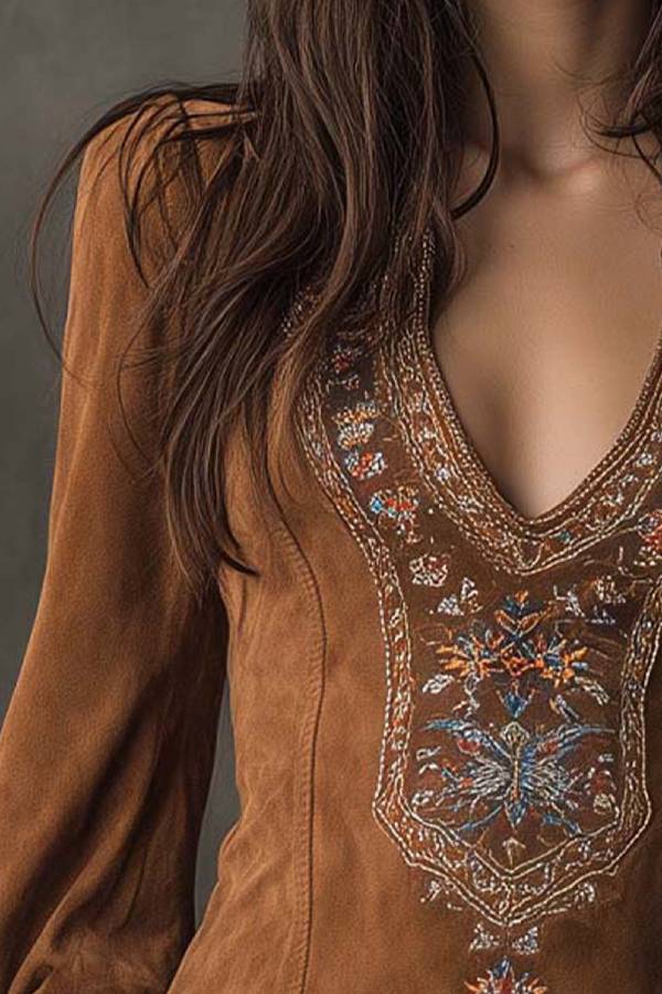 Vintage brown V-neck suede embroidered mini dress