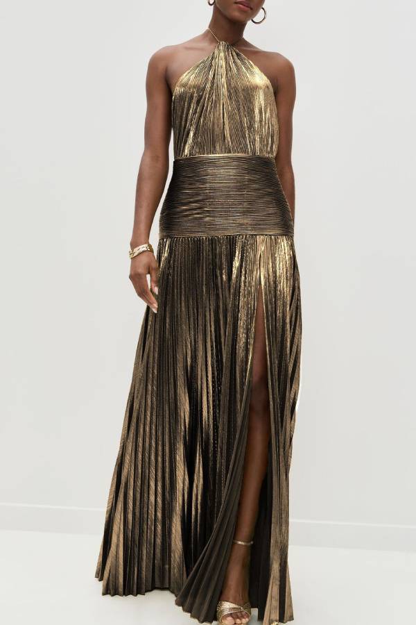 Shiny halter neck high slit long dress