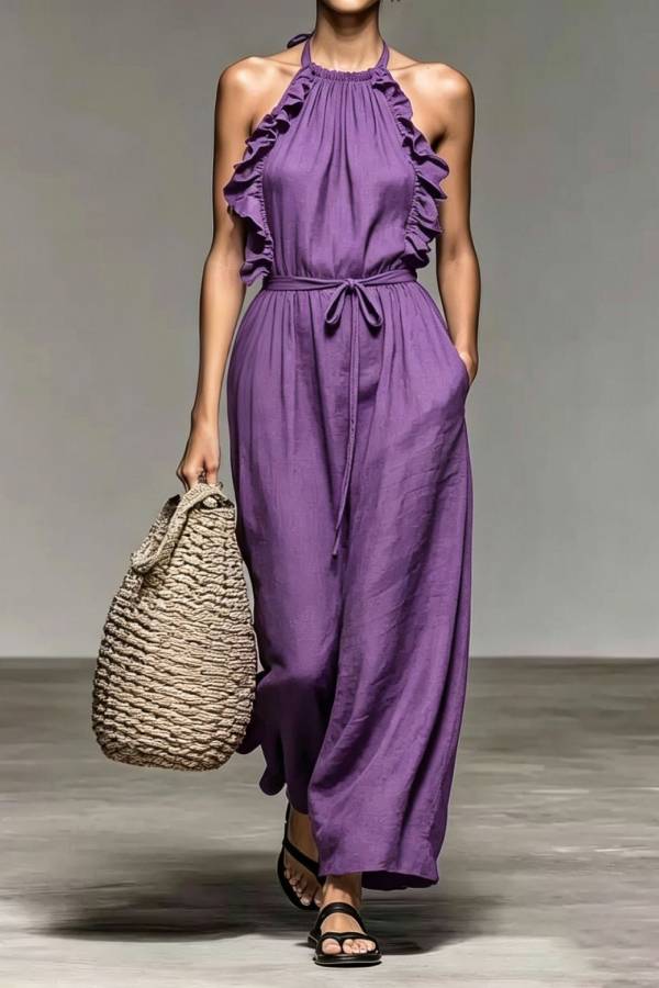 Halter Ruffle Trim Tie Waist Linen Wide Leg Jumpsuit
