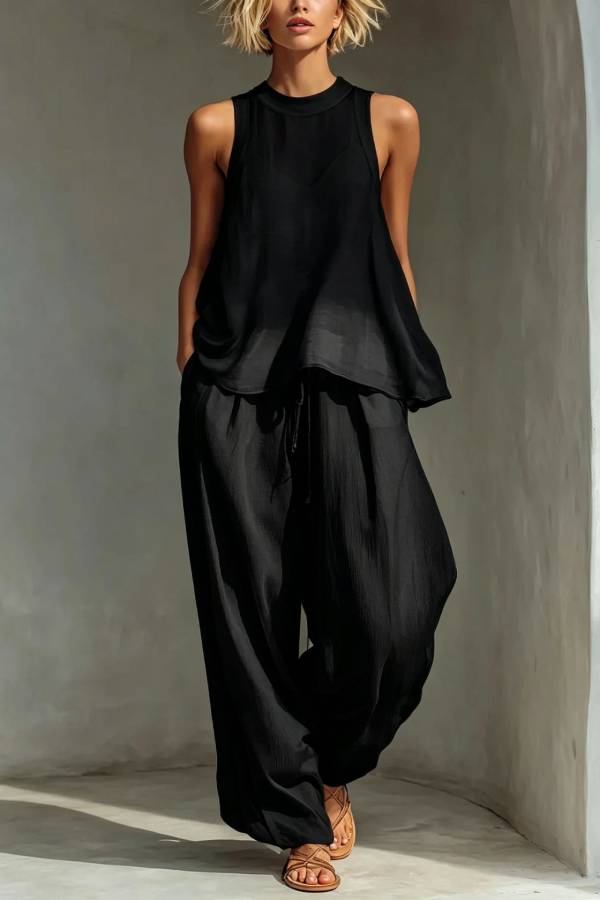 Crew Neck Sleeveless A-Line Top + Elastic Waist Wide-Leg Pants Set