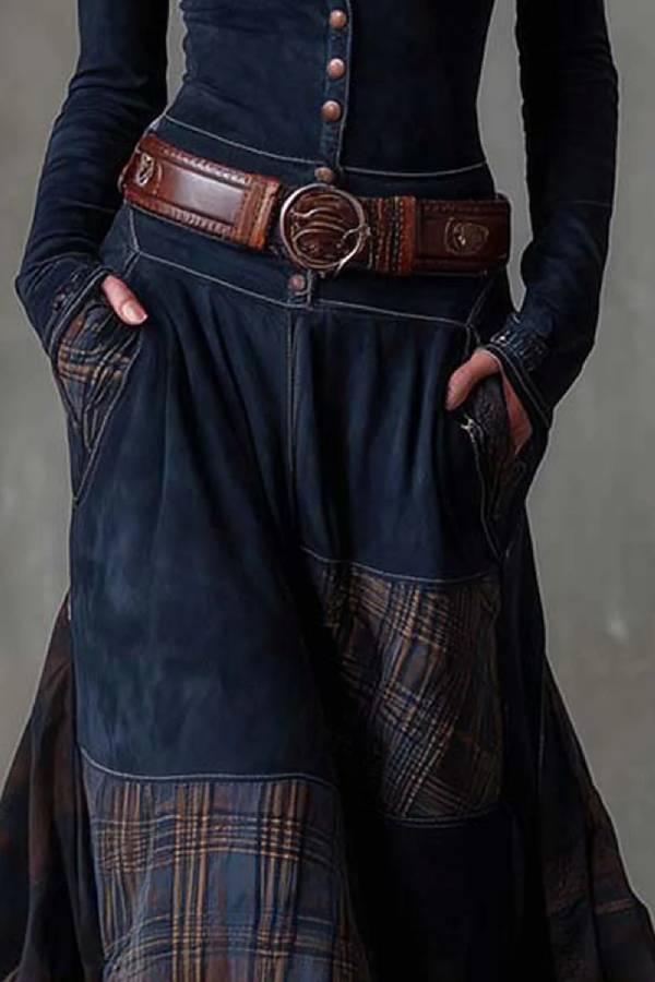 Navy Plaid Paneled Vintage Suede Maxi Dress