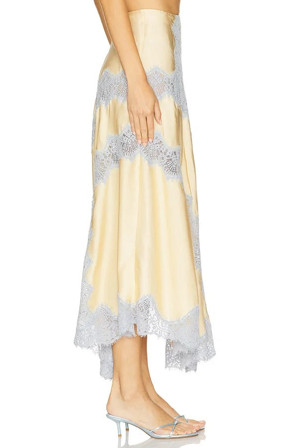 Wine Tasting Contrast Color Satin Lace Trim Irregular Hem Drape Midi Skirt