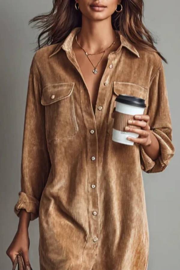 Loose Corduroy Double Chest Pocket Single Breasted Midi Dress