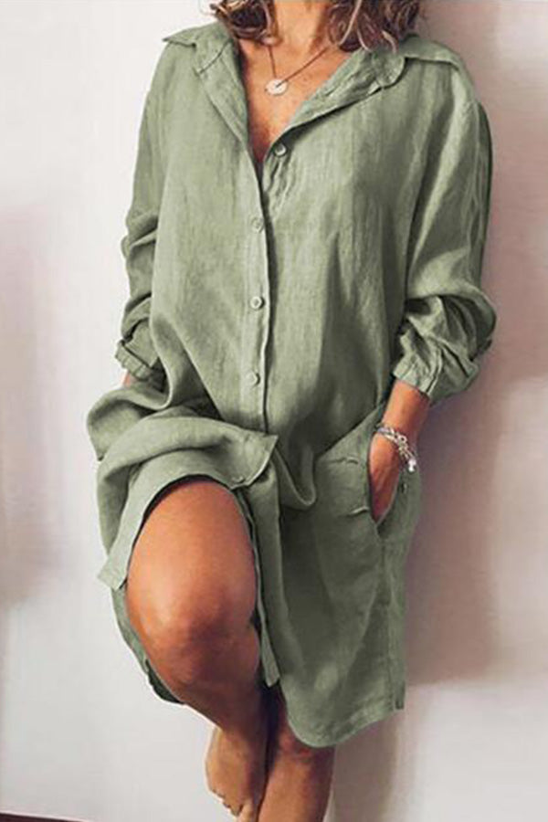 Solid Color Loose Double Pocket Long Sleeve Long Shirt