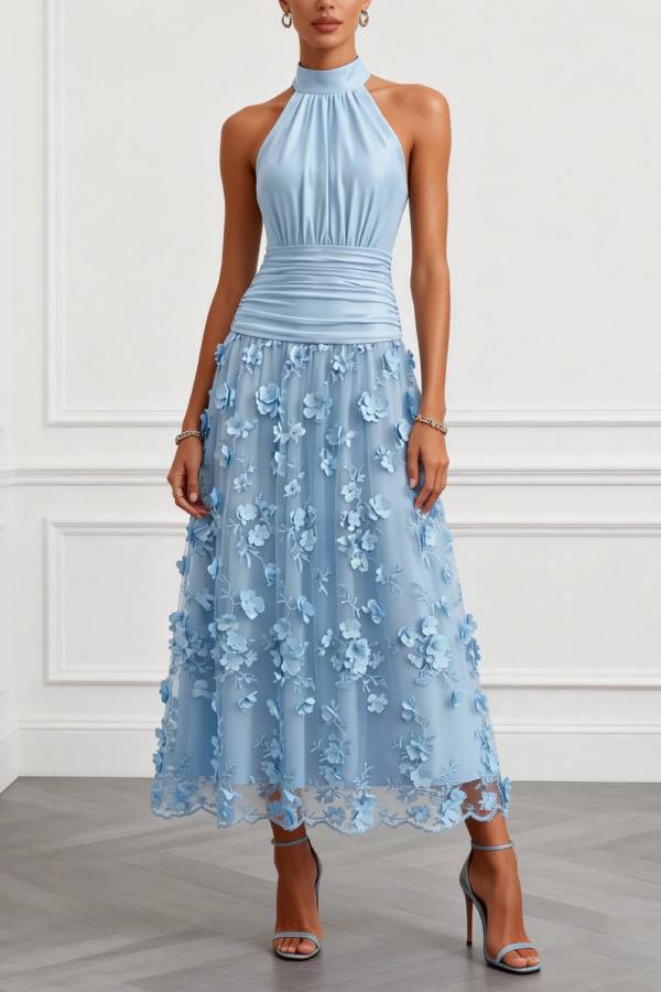 Purplish Blue 3D Floral Appliqué Lace Halter Neck Sleeveless A-Line Maxi Dress