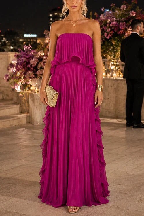 Strapless Tube Ruffle Pleated Swing Maxi Dress