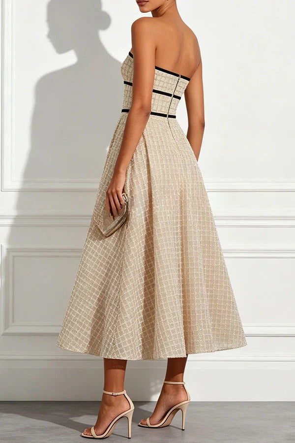 Stardust Plaid and Sequin Bow Patchwork Detail Strapless A-line Midi Dress