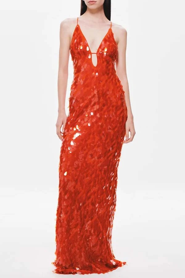 Reshape Beauty Fish Scale Sequin Cutout U-neck Slip Maxi Dress