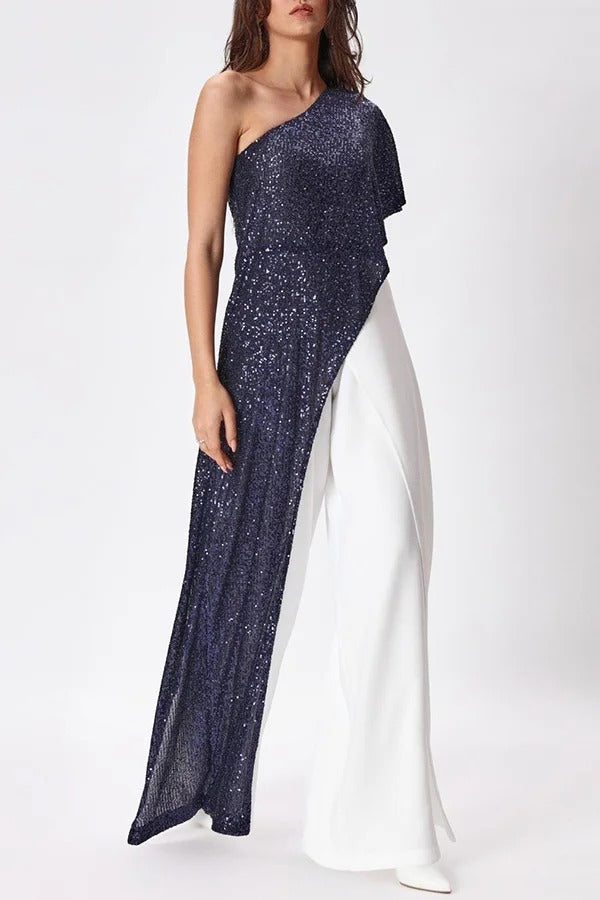 Party Favors Sequin One Shoulder Ruffle Detail Wide Leg Evening Jumpsuit