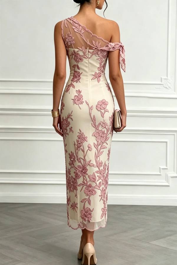 Kylen Floral Embroidery Bow Lace One Shoulder Sleeveless Sheath Maxi Dress