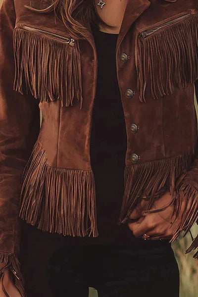 Retro-style Lapel Long-sleeved Tassel Casual Suede Short Jacket