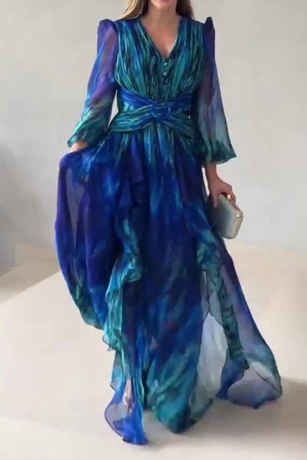 V-neck puff sleeve fitted waist printed chiffon maxi dress