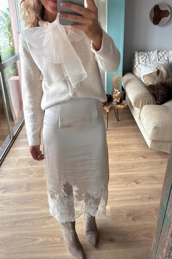 Orozco Knit Organza Bow Button-down Long Sleeve Loose Cardigan