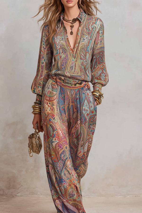 Vintage Paisley Print Puff Sleeve Shirt & Wide Leg Pants Set