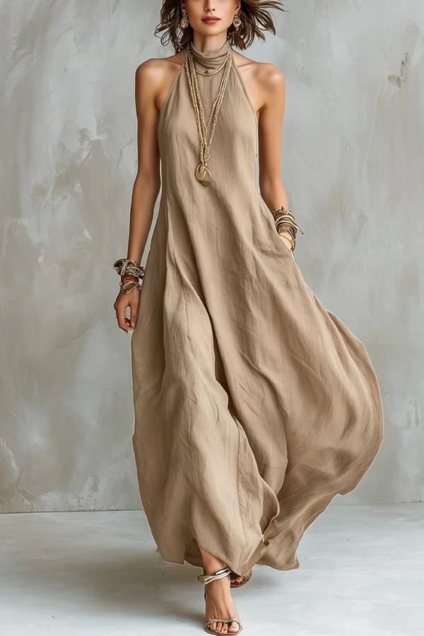Multi-Color Textured Halter Open-Back Maxi Dress