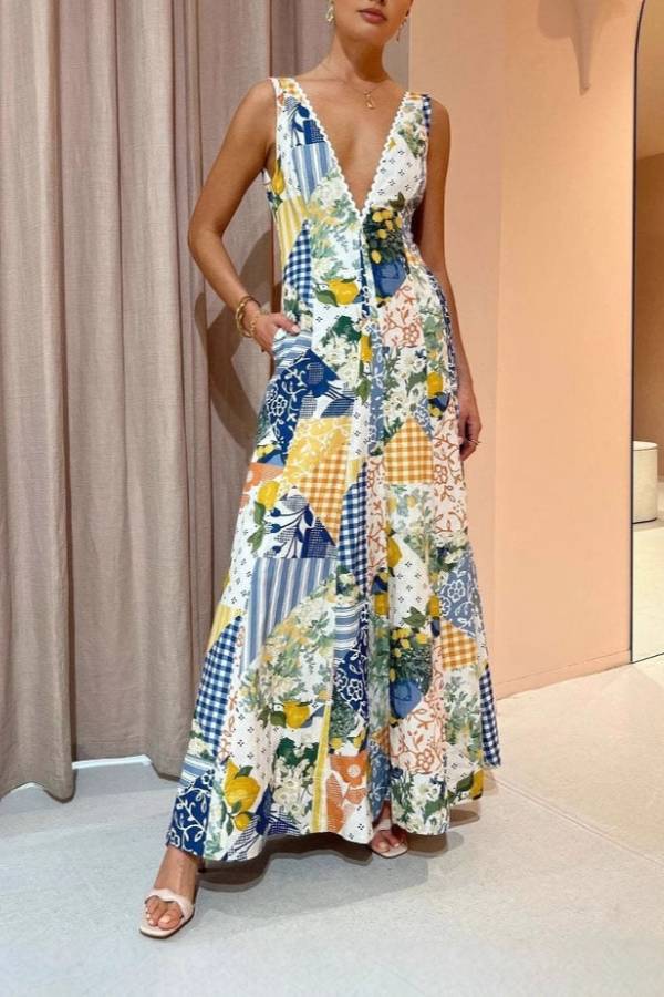 Retro-style patchwork print deep V sleeveless long dress
