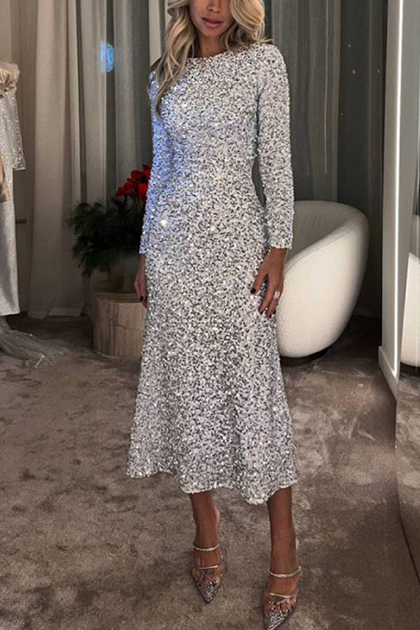 Sequined long-sleeved fishtail midi dress
