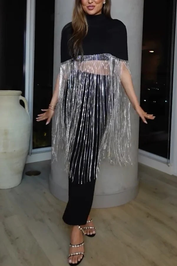 New Level Shiny Tassel Stand Neck Crop Cape Blouse