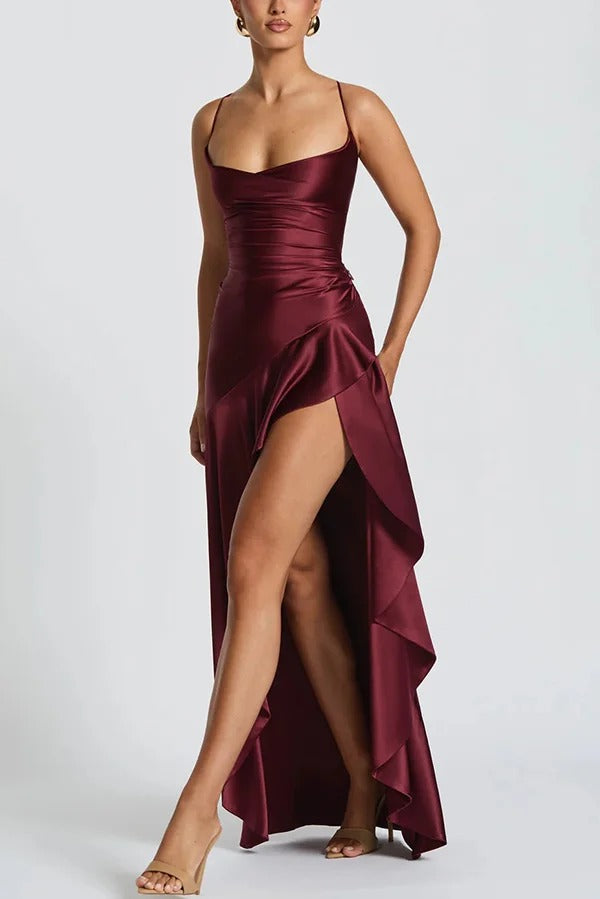 Solid Color Sexy Backless Lace-up Irregular Ruffled Maxi Dress
