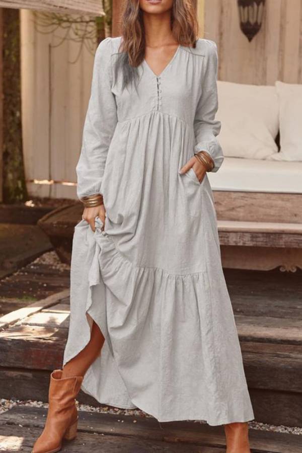 V-neck long-sleeved loose-fitting long skirt
