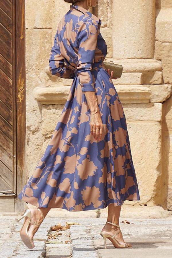 Floral print shirt collar fitted waist midi dress