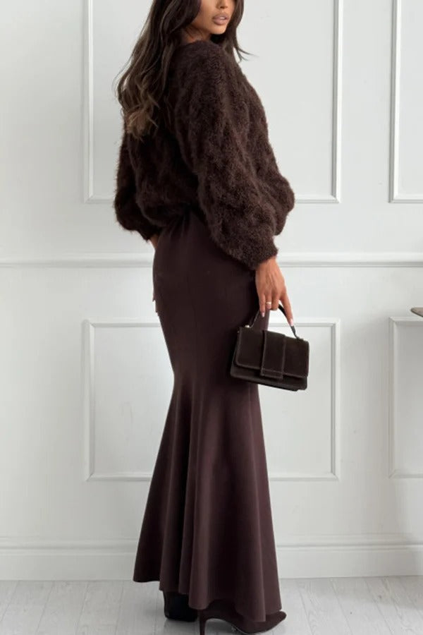 Caitlin Knit Stretch Fabric High Waist Fishtail Casual Maxi Skirt