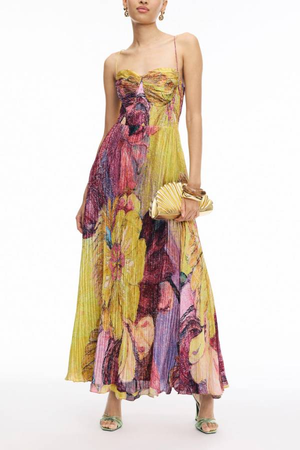 Vibrant and Bold Floral Print Sweetheart Neck Pleated Maxi Dress