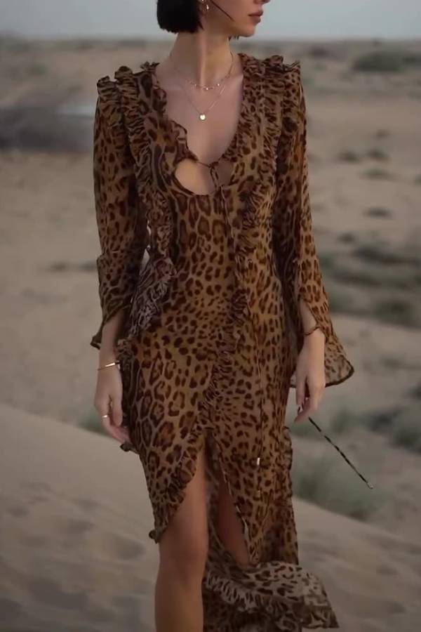 Wild leopard print ruffled hollow high slit long skirt