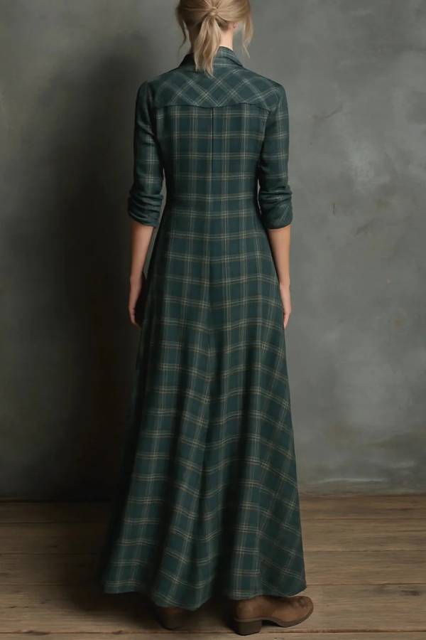 Green Plaid Lapel Single-Breasted Shirt Long Dress