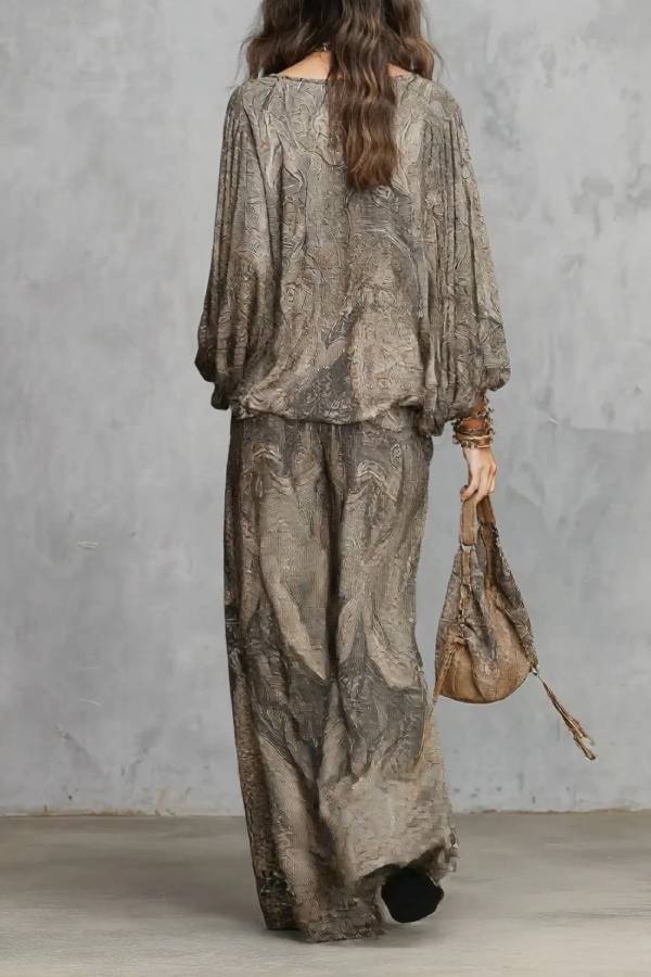 Grey Paisley Patterned Lantern Sleeve Top And Wide-leg Trousers Suit