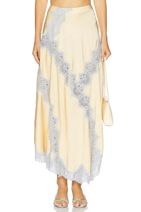 Wine Tasting Contrast Color Satin Lace Trim Irregular Hem Drape Midi Skirt