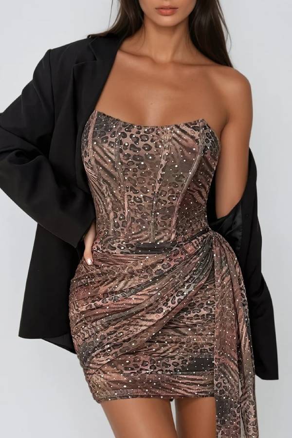 Velvara Strapless Leopard Sequin Mini Dress
