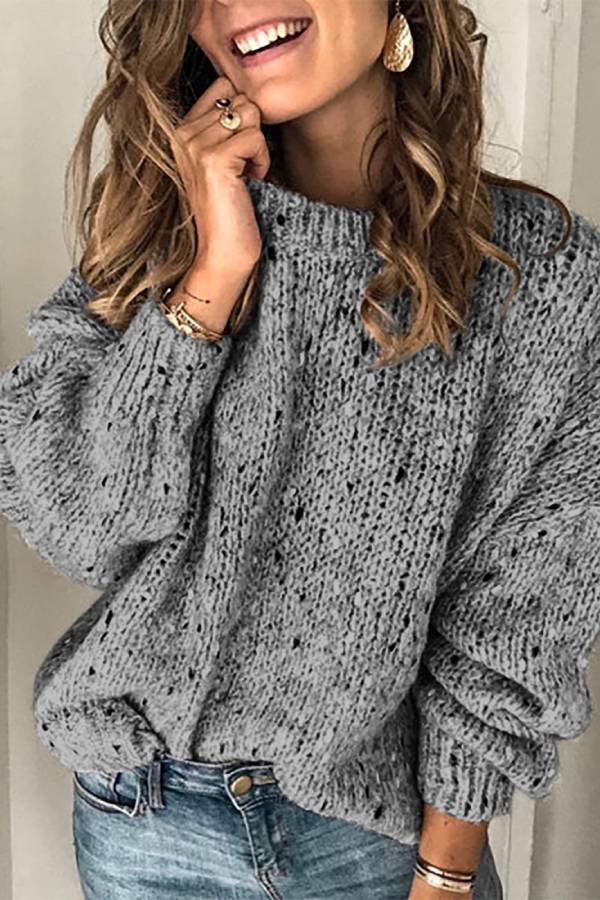 Lazy style thick needle hollow loose round neck sweater