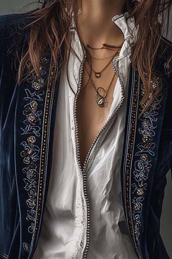 Vintage Navy Polyester Velvet Embroidered Long Jacket