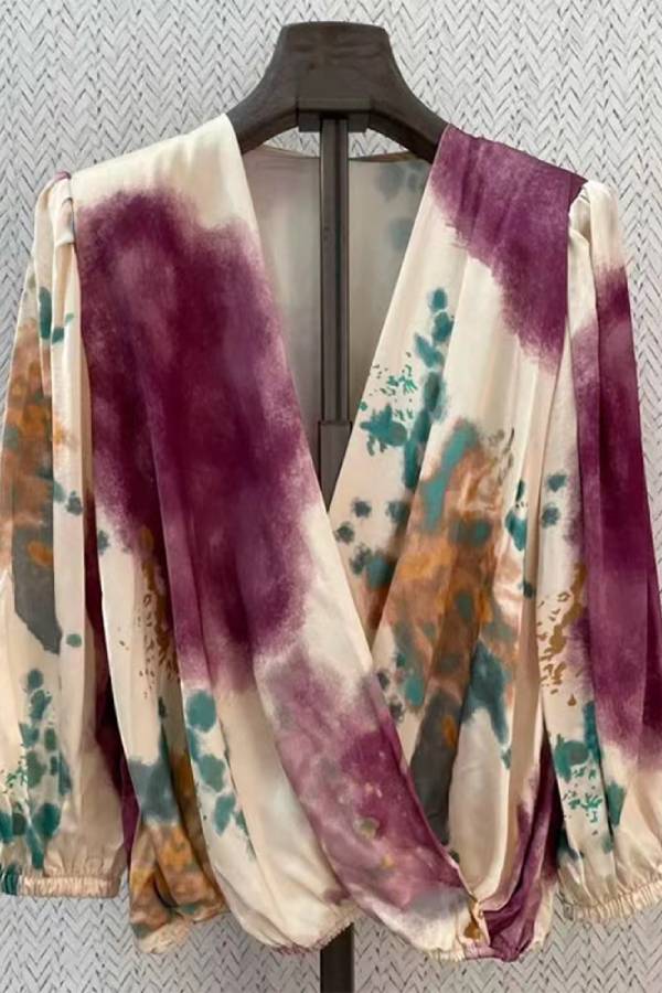 Artistic Tie-Dye Deep V Lantern Sleeve Skirt Two-Piece Set