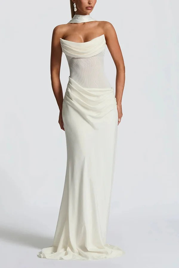 Liora Ruched Cowl Neck Sheer Mesh Waist Off Shoulder Scarf Maxi Dress