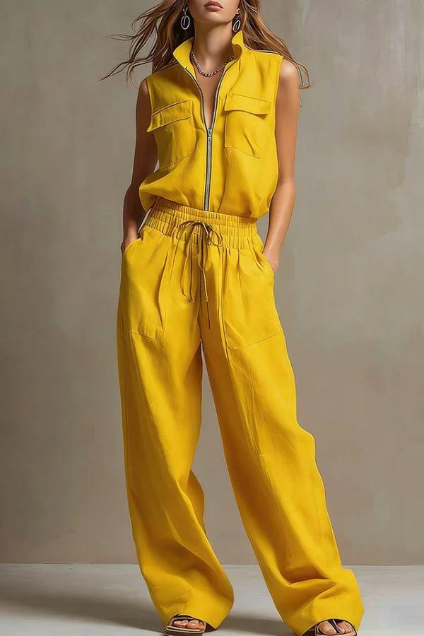 Stand Collar Half-Zip Utility Vest & Wide-Leg Pants Set