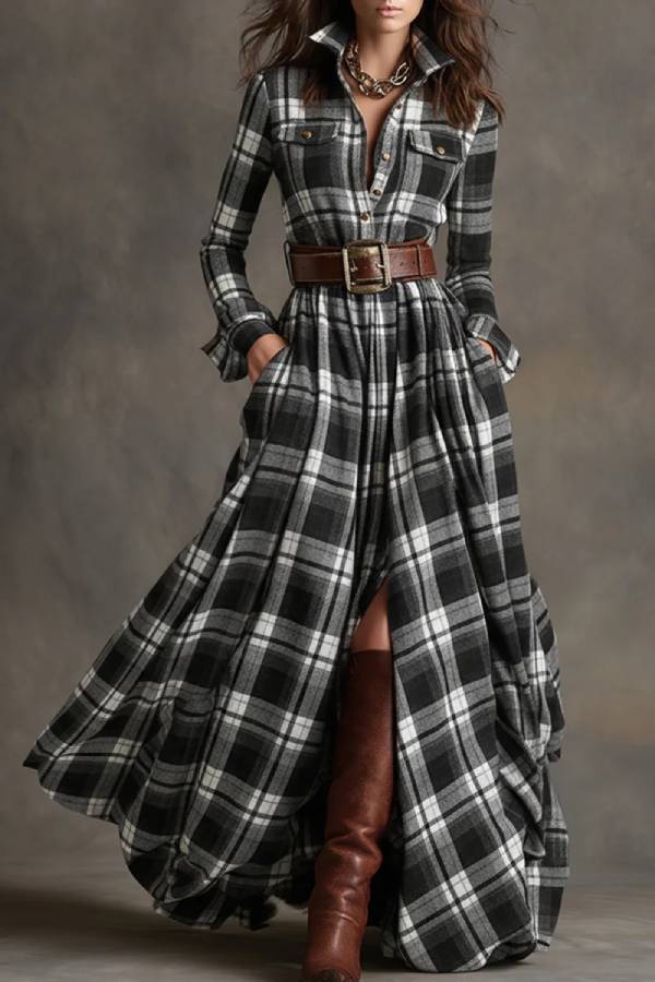 French retro waist long sleeve chiffon dress