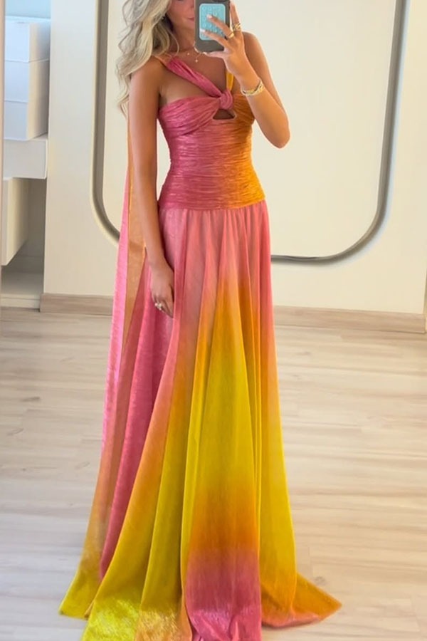 Vireya Metallic Fabric Gradient Print Ruched Cutout Halter Maxi Dress