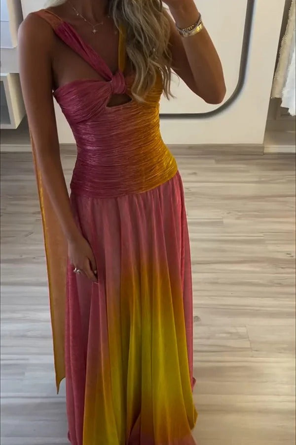 Vireya Metallic Fabric Gradient Print Ruched Cutout Halter Maxi Dress