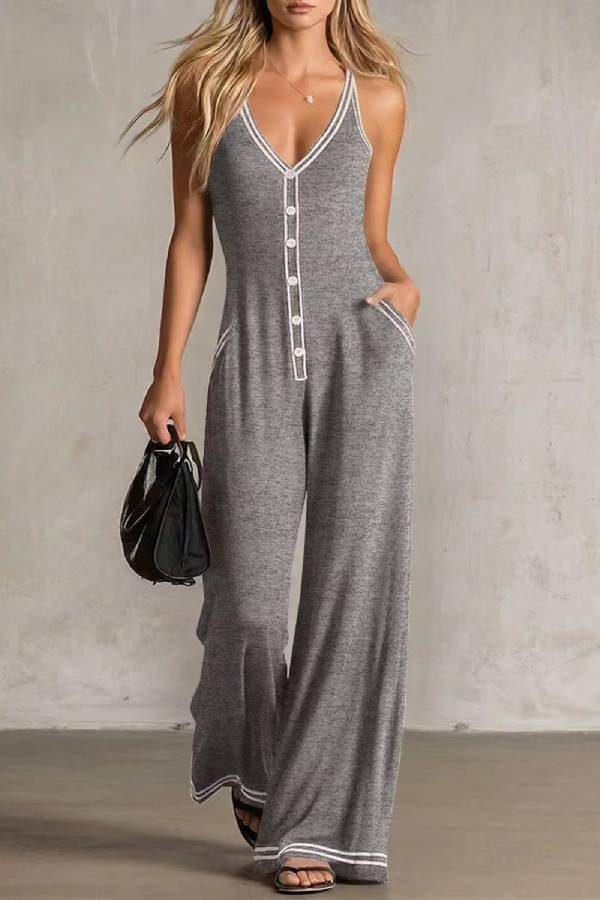 Contrast White Trim V-Neck Spaghetti Strap Single Button Draped Wide Leg Jumpsuit