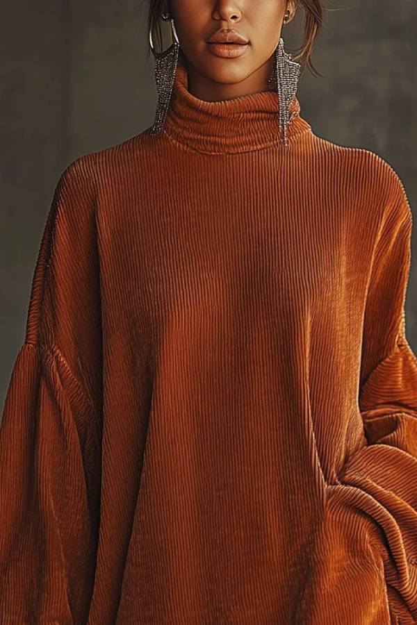 Orange corduroy loose tassel hem high collar dress