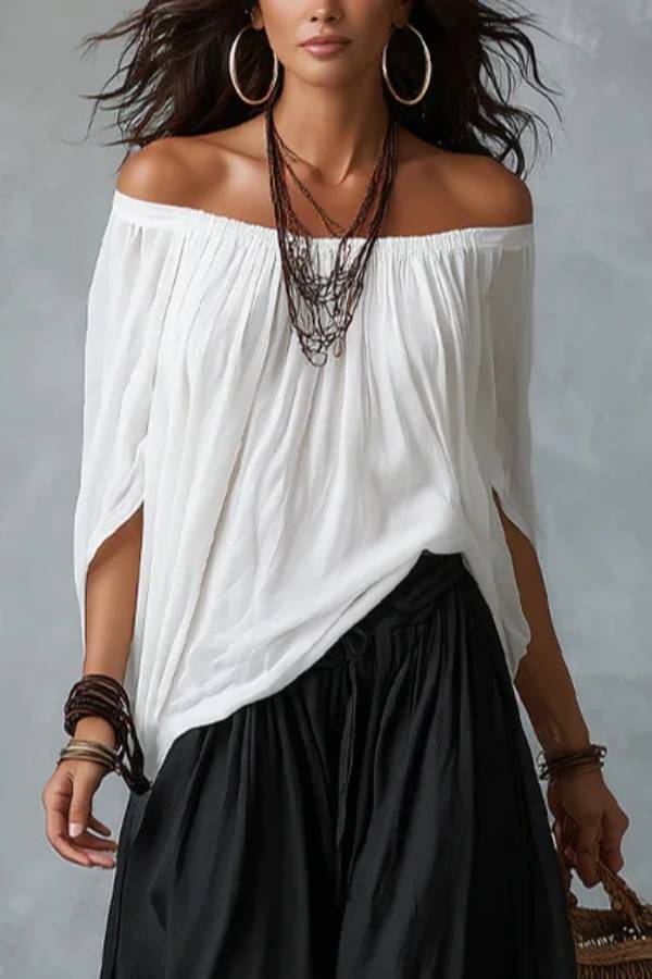 White Off-the-shoulder Top And Loose-fitting Lantern Pants Set